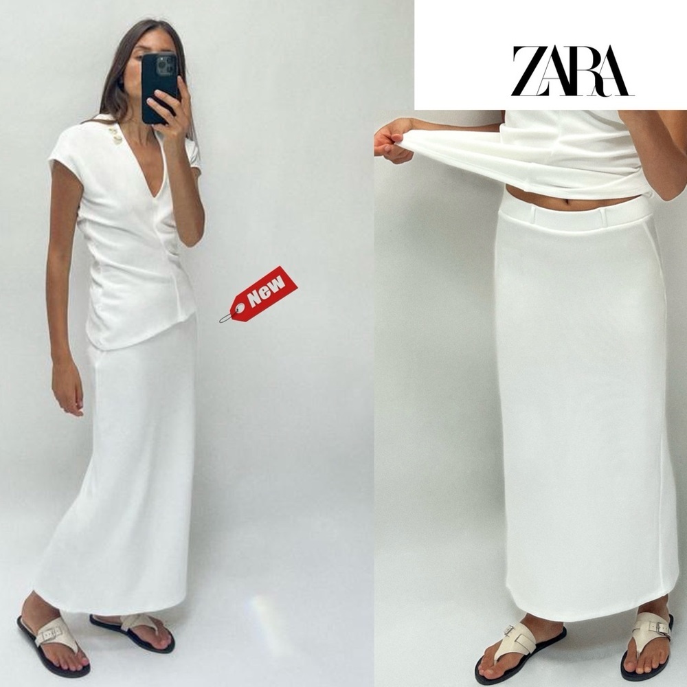 Zara WHITE LONG SOFT PIQUÉ PENCIL SKIRT Sz M NWT stretchy belt loops